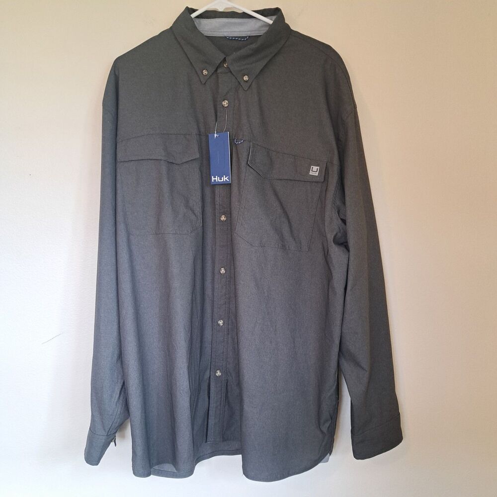 HUK Men's Long Sleeve Hawser Heather Flannel Gray Size XXL NWT